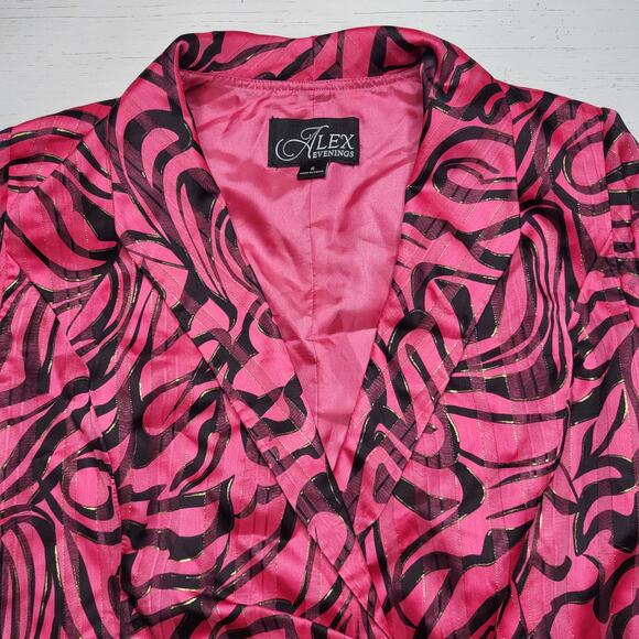 Alex Evenings Fuchsia Pink Black Metallic Print Blouse 3/4 Sleeve Wrap Top Small - Picture 5 of 10